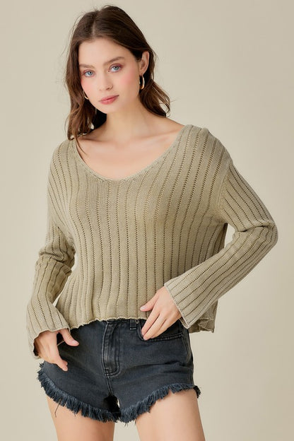 Slouchy V-Neck Washed Crop Sweater
