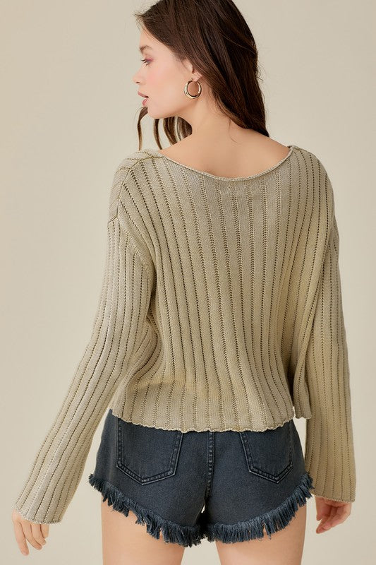 Slouchy V-Neck Washed Crop Sweater