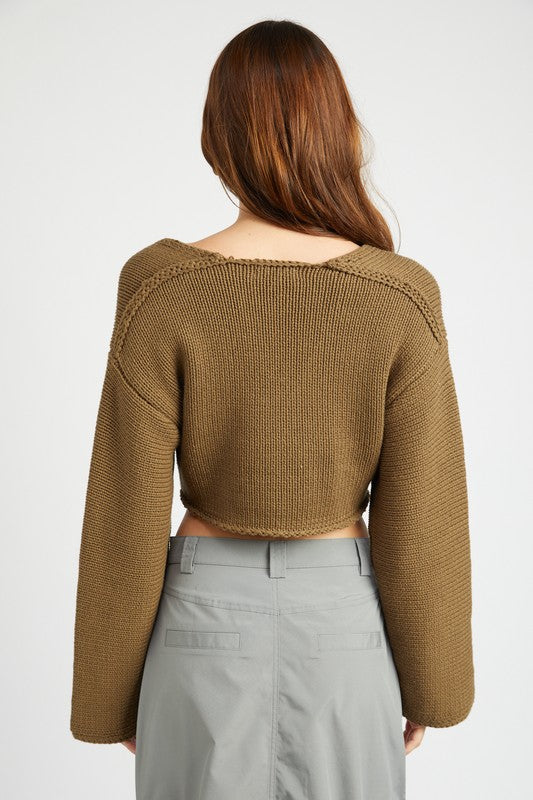 Long Sleeve V-Neck Cozy Crop Knit Sweater
