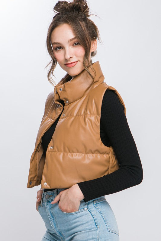 Faux Leather Button Up Puffer Crop Vest