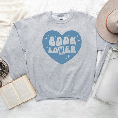 Book Lover Blue Heart Graphic Crewneck Sweatshirt