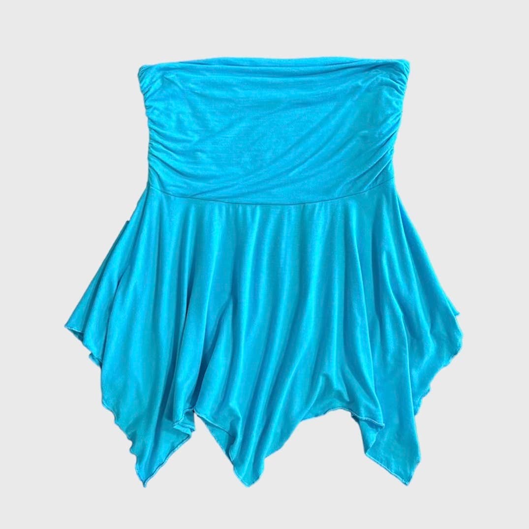 VINTAGE Y2K TURQUOISE ASYMMETRICAL HEM RUCHED WAIST LOW RISE MINI SKIRT - SIZE SMALL