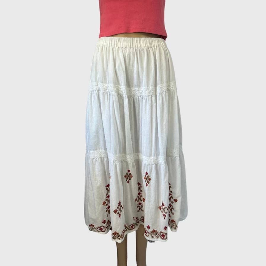 VINTAGE Y2K WHITE TIERED BOHO MAXI SKIRT - SIZE SMALL