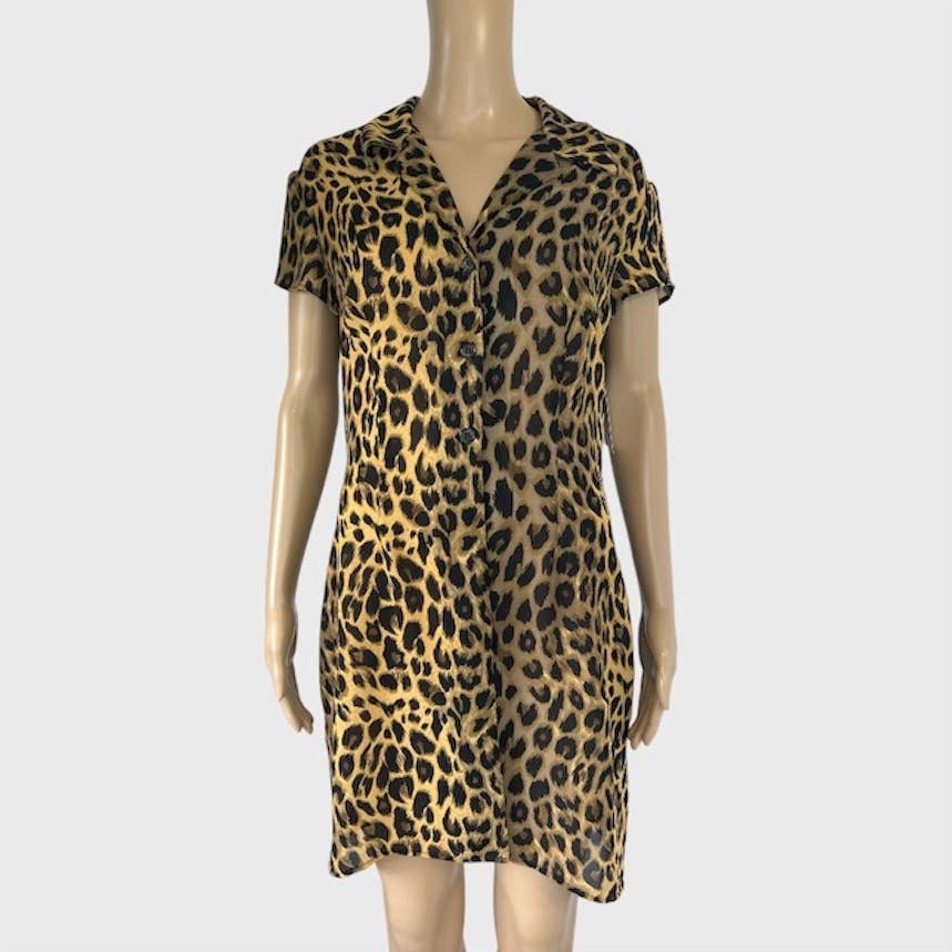 VINTAGE Y2K SHEER LEOPARD SHORT SLEEVE BUTTON UP MINI DRESS - SIZE SMALL