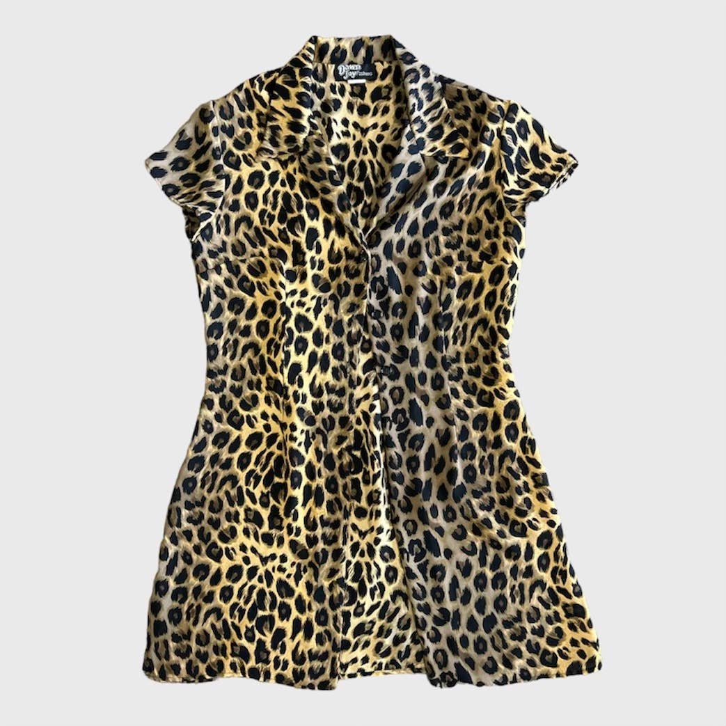 VINTAGE Y2K SHEER LEOPARD SHORT SLEEVE BUTTON UP MINI DRESS - SIZE SMALL